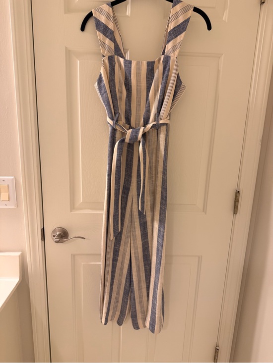 Alice + Olivia Pants - Alice + Olivia Blue and Cream Striped Romper with Tie Waist